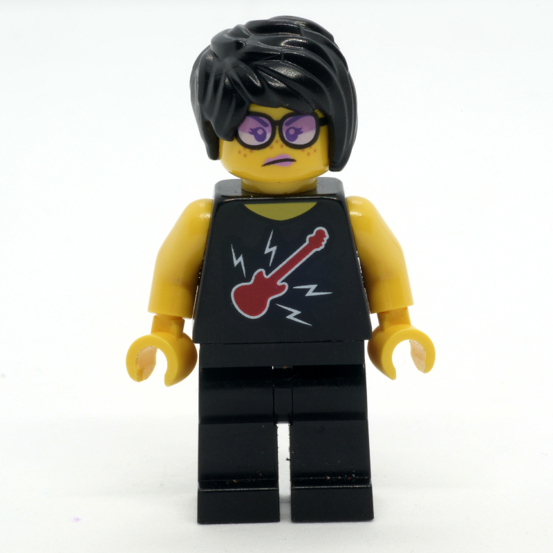 Lego Woman, Black Top with Guitar, Black Legs, Black Hair