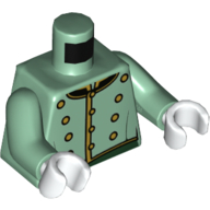 Lego Torso Piccolo Suit Jacket, Gold Buttons, Dark Green Trim print, Sand Green Arms, White Hands / Sand Green