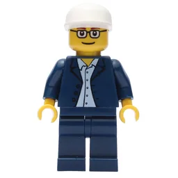 Man, Dark Blue Suit with no Tie, White Cap, Glasses
