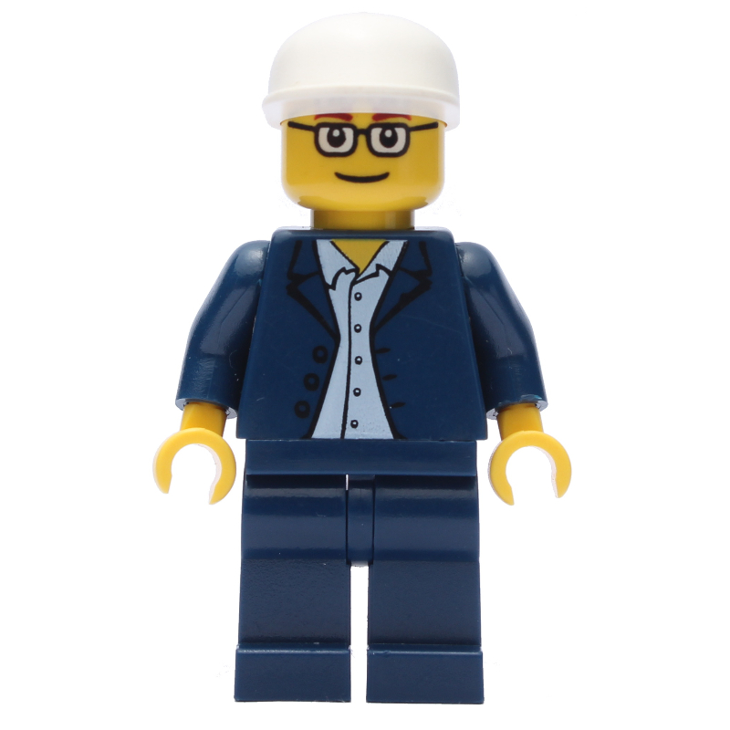 Lego Man, Dark Blue Suit with no Tie, White Cap, Glasses