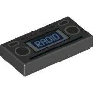 Tile 1 x 2 with Light Blue 'RADIO' and Silver Buttons Print / Black