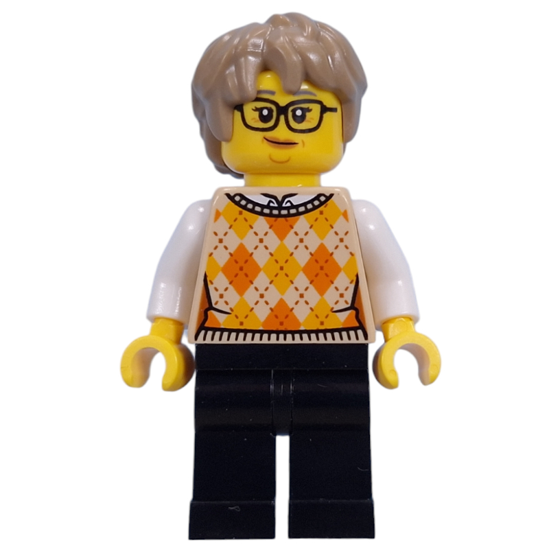 Lego Visitor, Tan Torso, Black Legs, Dark Tan Hair