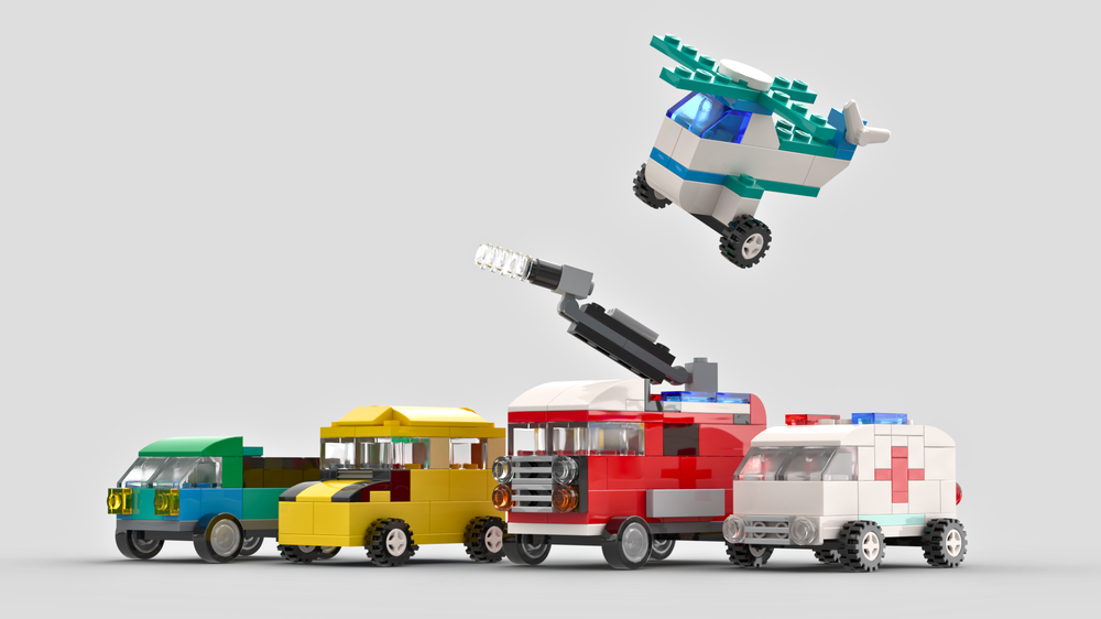 Lego 11036 Ambulance Fire truck Helicopter Pickup School bus