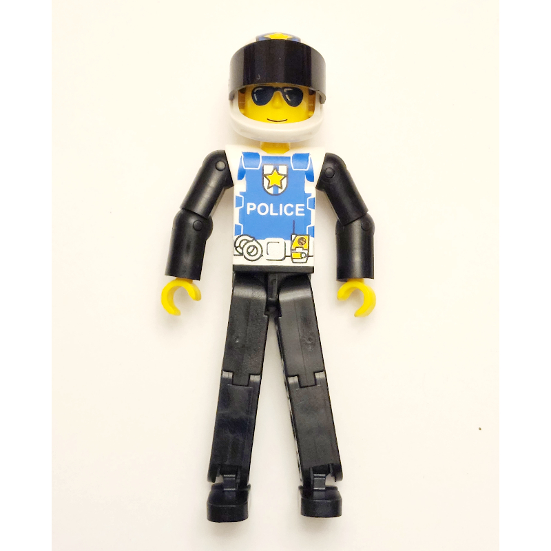 Lego Technic Figure Black Legs, White Top with Police Logo, Black Arms - White Helmet