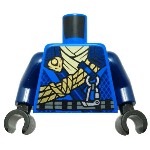 Lego Torso, Ninja Robes, Dark Blue Trim, Silver Belt, Olive Green Rope, Yellowish Green Sash print, Dark Blue Arms, Black Hands / Blue