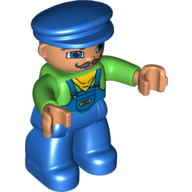 Lego Duplo Figure with Cap Blue, with Blue Legs, Green Top with Yellow Scarf, and Curly Mustache Print (Train Engineer) / Bright Green