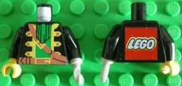 Torso Pirate Captain Jacket Open with Yellow Trim over Green Shirt with Neck Ruffle, Brown Strap, Belt with Buckle, LEGO Logo on Back Pattern / Black Arms / Light Gray Hook Left / Yellow Hand Right