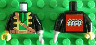 Lego Torso Pirate Captain Jacket Open with Yellow Trim over Green Shirt with Neck Ruffle, Brown Strap, Belt with Buckle, LEGO Logo on Back Pattern / Black Arms / Light Gray Hook Left / Yellow Hand Right