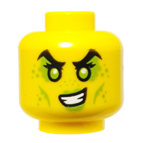 Lego Minifig Head Tox, High Black Eyebrows, Lime Eyes, Markings, Crooked Smile print / Yellow