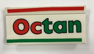 Lego Vehicle, Spoiler / Plow Blade 6 x 3 with Hinge with Red and Green Stripes and 'Octan' Pattern (Stickers) - Set 6648-1