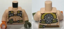 Torso Bare Chest with Muscles Outline, Harness and Belt with Silver Canteen Pattern / Light Nougat Arms / Olive Green Hand Left / Orange Hand Right