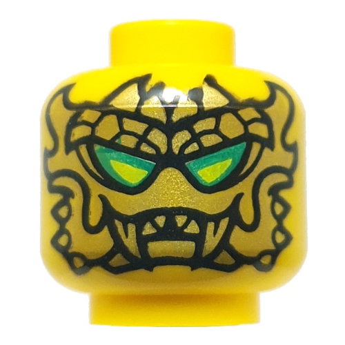 Lego Minifig Head Loyalist Leader, Gold Mask, Lime/Dark Green Eyes / Black Glasses with Lime Lenses, Coral Lips, Gold Markings, Smirk / Yellow