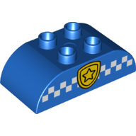 Lego Duplo Brick 2 x 4 Curved Top with Gold Police Badge and White Checked Print / Blue
