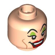 Lego Minifig Head Cruella de Vil, Black Eyebrows, Lime Eyeshadow, Nougat Lines, Red Lips, Open Mouth Laugh / Angry Scowl / Light Nougat