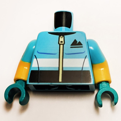 Lego Torso, Dual Molded Arms, Sports Jacket, Zipper, Black Mountains print with Medium Azure Sleeves Pattern, Yellow Arms, Dark Turquoise Hands / Medium Azure