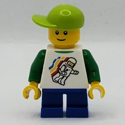 Boy, Floating Classic Spaceman on Shirt, Short Blue Legs, Lime Cap, Reddish Brown Eyebrows