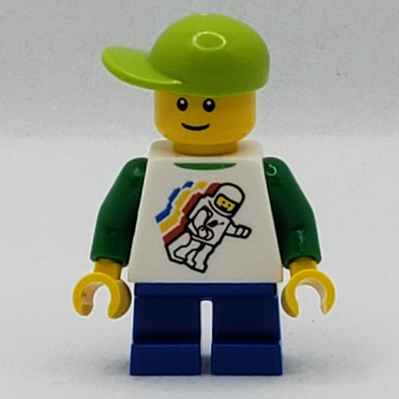 Lego Boy, Floating Classic Spaceman on Shirt, Short Blue Legs, Lime Cap, Reddish Brown Eyebrows