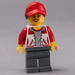 Woman, Red and White Letterman Jacket, Dark Bluish Gray Legs, Red Cap with Hair