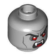 Lego Minifig Head Strahd von Zarovich, Black Eyebrows, Red Eyes, Dark Bluish Grey Lines, Raised Eyebrow, Lopsided Smile/Angry Snarl, Fangs / Light Bluish Gray