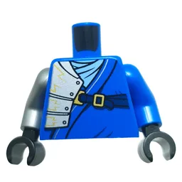 Torso, Odd Arms, Silver Armor over Right Arm, Gold Lightning, Dark Blue Strap Print, Left Blue Arm, Right Flat Silver Arm, Black Hands / Blue