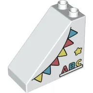 Duplo Brick 4 x 2 x 3 Slope 45° with 'ABC', and Azure, Coral, and Yellow Bunting Print / White