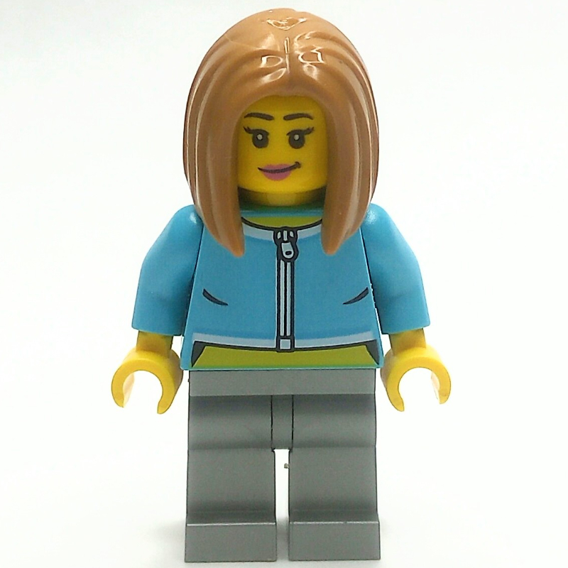 Lego Woman, Medium Azure Torso, Flat Silver Legs, Medium Nougat Hair