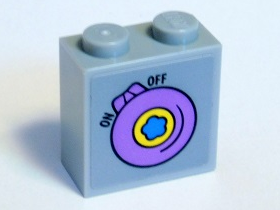 Lego Brick, Modified 1 x 2 x 1 2/3 with Studs on Side with Dark Azure Flower on Yellow and Lavender Dial, Black 'ON' and 'OFF' Pattern (Sticker) - Set 41346