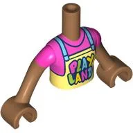 Minidoll Torso Girl with Medium Nougat Arms and Hands with Bright Light Yellow Apron, Medium Blue Straps, Dark Pink Shirt, 'PLAY LAND' Print / Medium Nougat