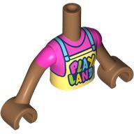 Lego Minidoll Torso Girl with Medium Nougat Arms and Hands with Bright Light Yellow Apron, Medium Blue Straps, Dark Pink Shirt, 'PLAY LAND' print / Medium Nougat