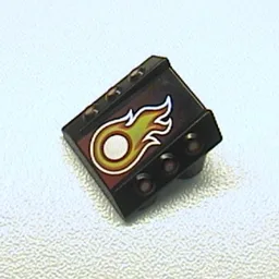 Brick Sloped 2 x 2 No Studs, with 3 Side Pistons Raised Edges and Silver/Red/Yellow Flame Print / Black