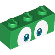 Lego Brick 1 x 3 with White Eyes, Dark Turquoise / Blue Pupils print / Green
