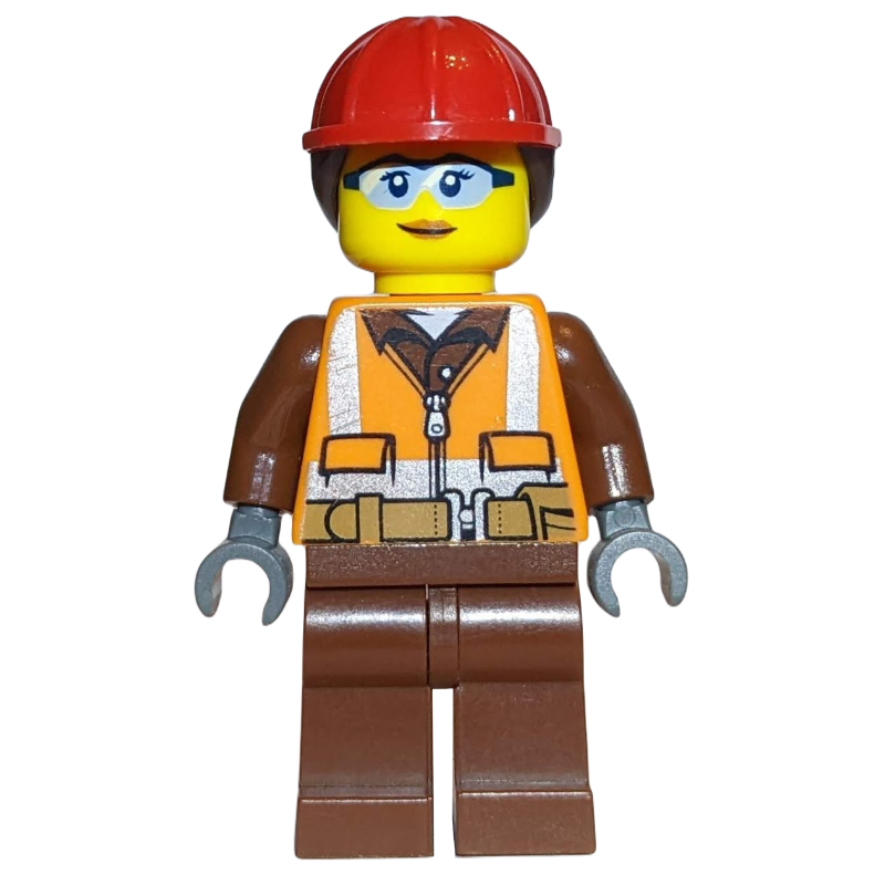 Lego Construction Worker, Woman, Orange Safety Vest with Zipper over Reddish Brown Shirt, Reddish Brown Legs, Red Hard Hat with Hair, Safety Glasses