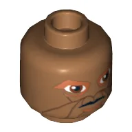 Minifig Head Eeth Koth, Reddish Brown Eyes and Lines Around Mouth Print [Blocked Open Stud] / Medium Nougat
