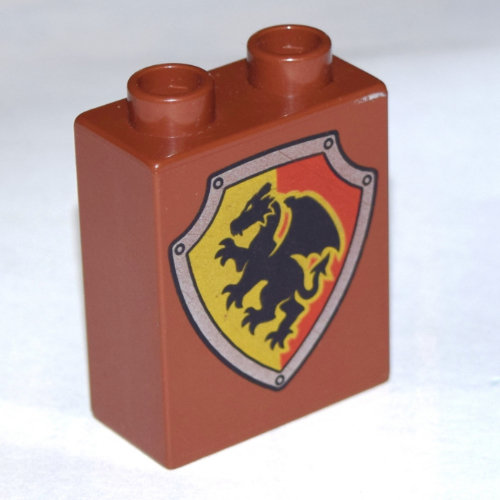 Lego Duplo Brick 1 x 2 x 2 with Shield, Dragon with Yellow and Red Background Print / Reddish Brown