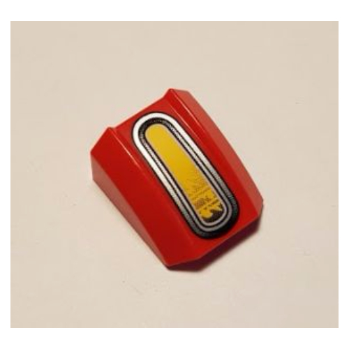 Lego Brick Curved 2 x 2 with Lip, No Studs with Yellow and Dark/Light Gray Headlamp Print [8380] / Red
