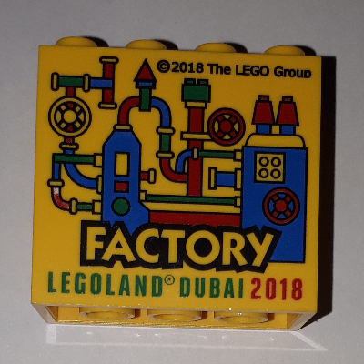 Lego Brick 2 x 4 x 3 with 'LEGOLAND DUBAI FACTORY 2018' Print / Yellow