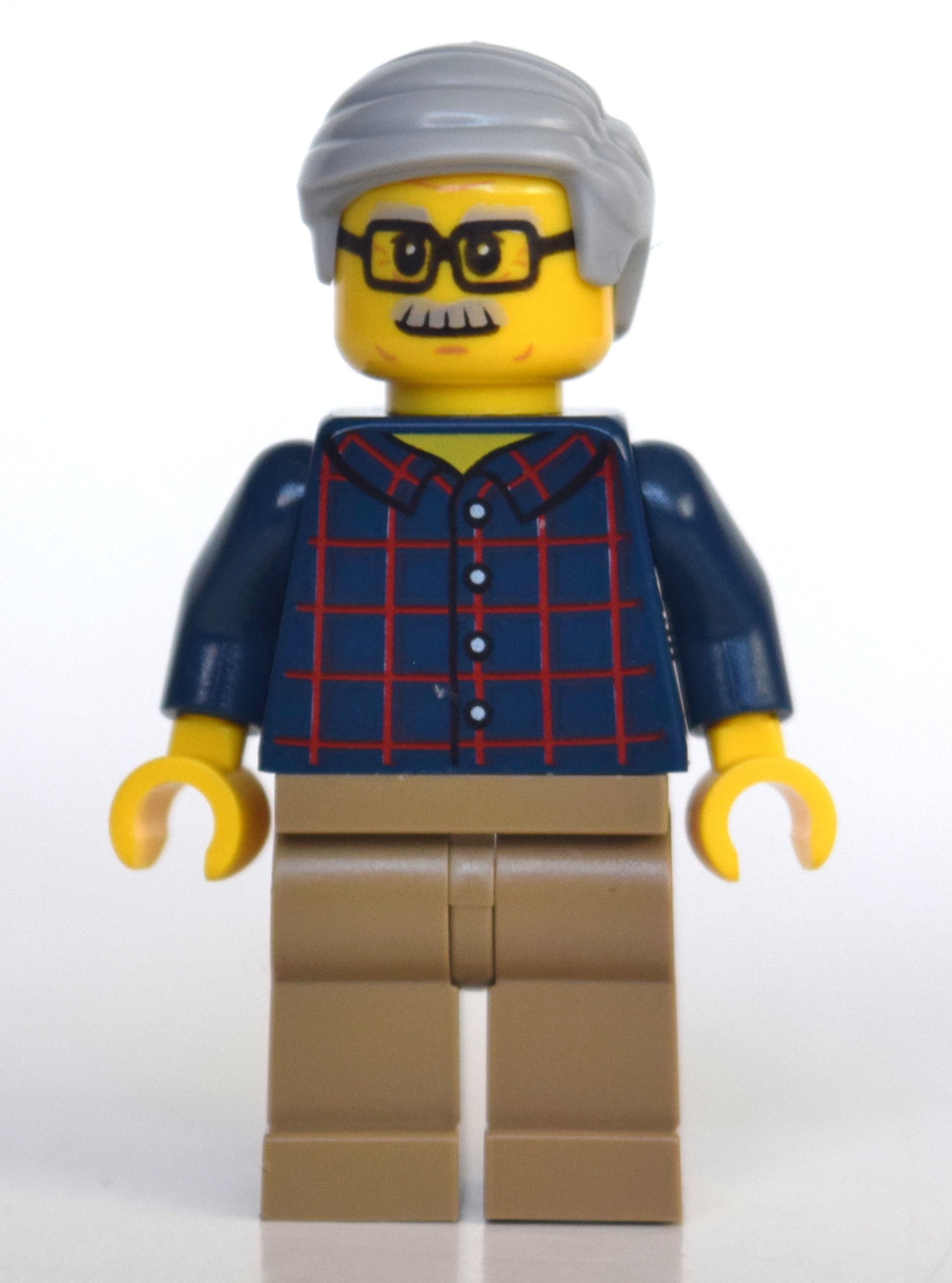 Lego Man, Dark Blue Plaid Shirt, Dark Tan Legs, Light Bluish Gray Hair and Moustache, Glasses