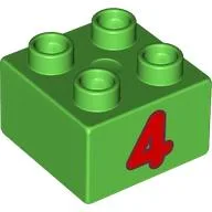 Duplo Brick 2 x 2 with Red '4' Print / Bright Green