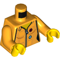 Lego Torso Jacket with Zipper, Azure Circle, and Red Emblem Print, Bright Light Orange Arms, Yellow Hands / Bright Light Orange