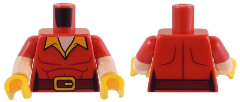 Lego Torso Shirt with Bright Light Orange Collar, Dark Red Belt and Muscles Outline Pattern / Light Nougat Arms with Molded Red Short Sleeves Pattern / Bright Light Orange Hands