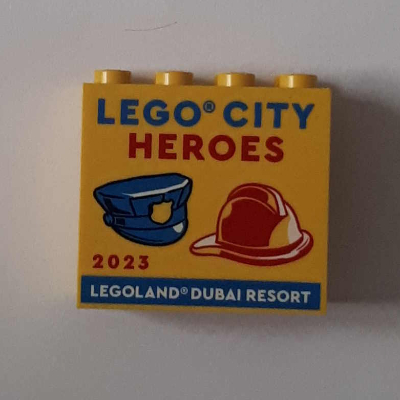 Lego Brick 2 x 4 x 3 with 'LEGOLAND DUBAI RESORT LEGO CITY HEROES 2023' Print / Yellow
