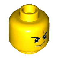 Lego Minifig Head Kai, Dual Sided, Scar over Eye, Eyebrows, Smirk / Orange Eyes Print [Hollow Stud] / Yellow