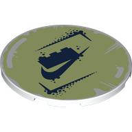 Lego Tile Round 6 x 6 with Dark Blue LEGO Brick, Nike Logo on Yellowish Green Background print