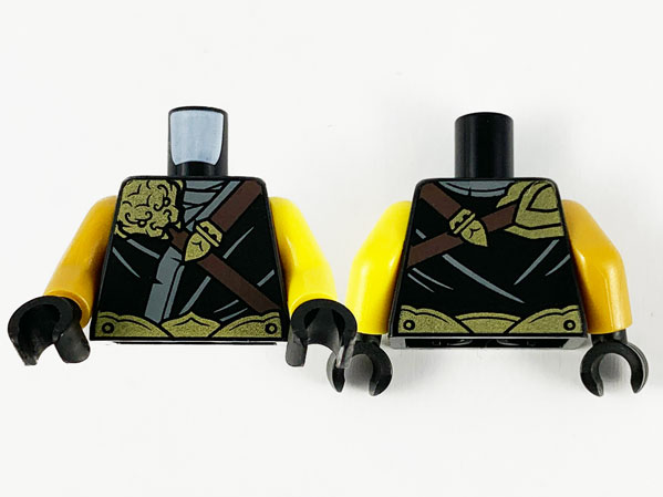 Lego Torso Tunic, Gold Ape Shoulder Armor, Dark Bluish Gray Trim and Dark Brown Shoulder Belt Pattern / Yellow Left Arm / Pearl Gold Right Arm / Black Hands