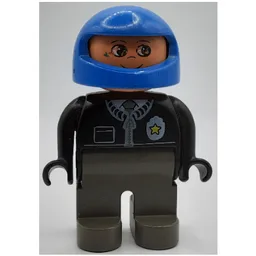 Duplo Figure, Early, Helmet Blue, Dark Gray Legs, Jacket with Zipper, Tie, and Police Badge Print / Black