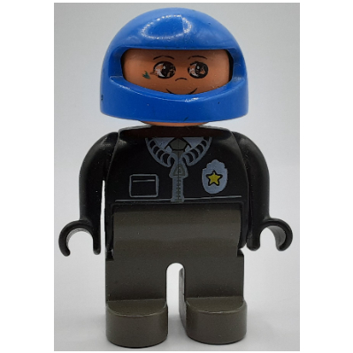 Lego Duplo Figure, Early, Helmet Blue, Dark Gray Legs, Jacket with Zipper, Tie, and Police Badge Print / Black