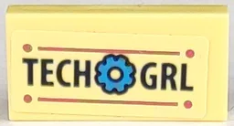 Tile 1 x 2 with 'TECH GRL' and Dark Azure Cog Pattern (Sticker) - Set 41333 / Bright Light Yellow