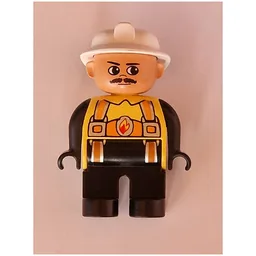 Duplo Figure, Early, Fire Helmet White, Black Legs, Orange Harness with Fire Badge, Moustache Print / Yellow