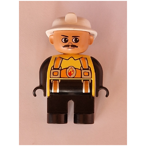 Lego Duplo Figure, Early, Fire Helmet White, Black Legs, Orange Harness with Fire Badge, Moustache Print / Yellow