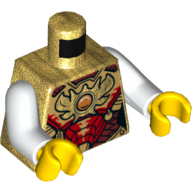 Lego Torso Armor, Red, Dark Red, and Gold Plates with Orange Jewel 'Chi' Print, White Arms, Yellow Hands / Pearl Gold